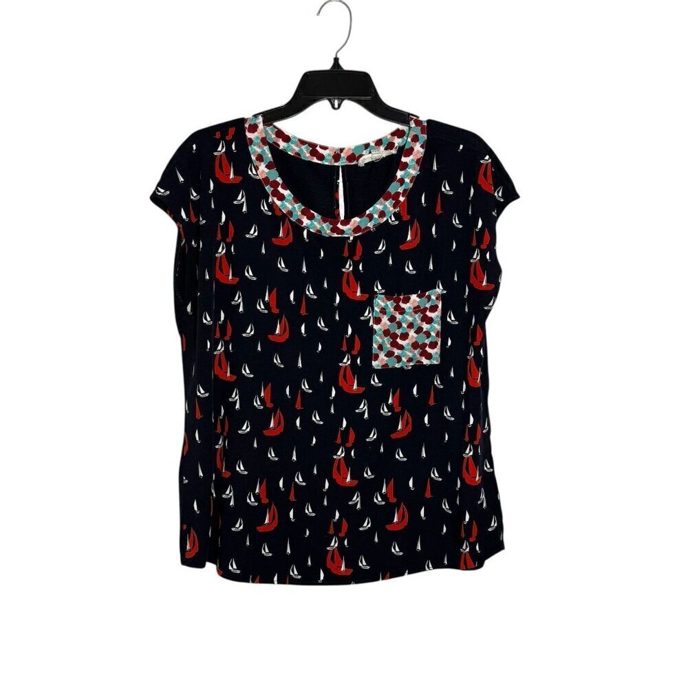 Porridge anthropogie Womens Navy Sailboat Print Short Sleeve Top size large